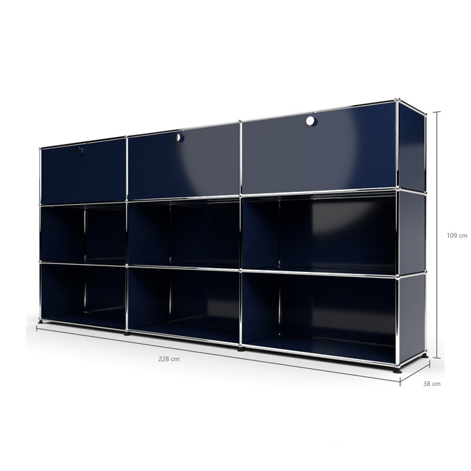 Highboard 3x3 mit 3 Klapptren oben, Stahlblau